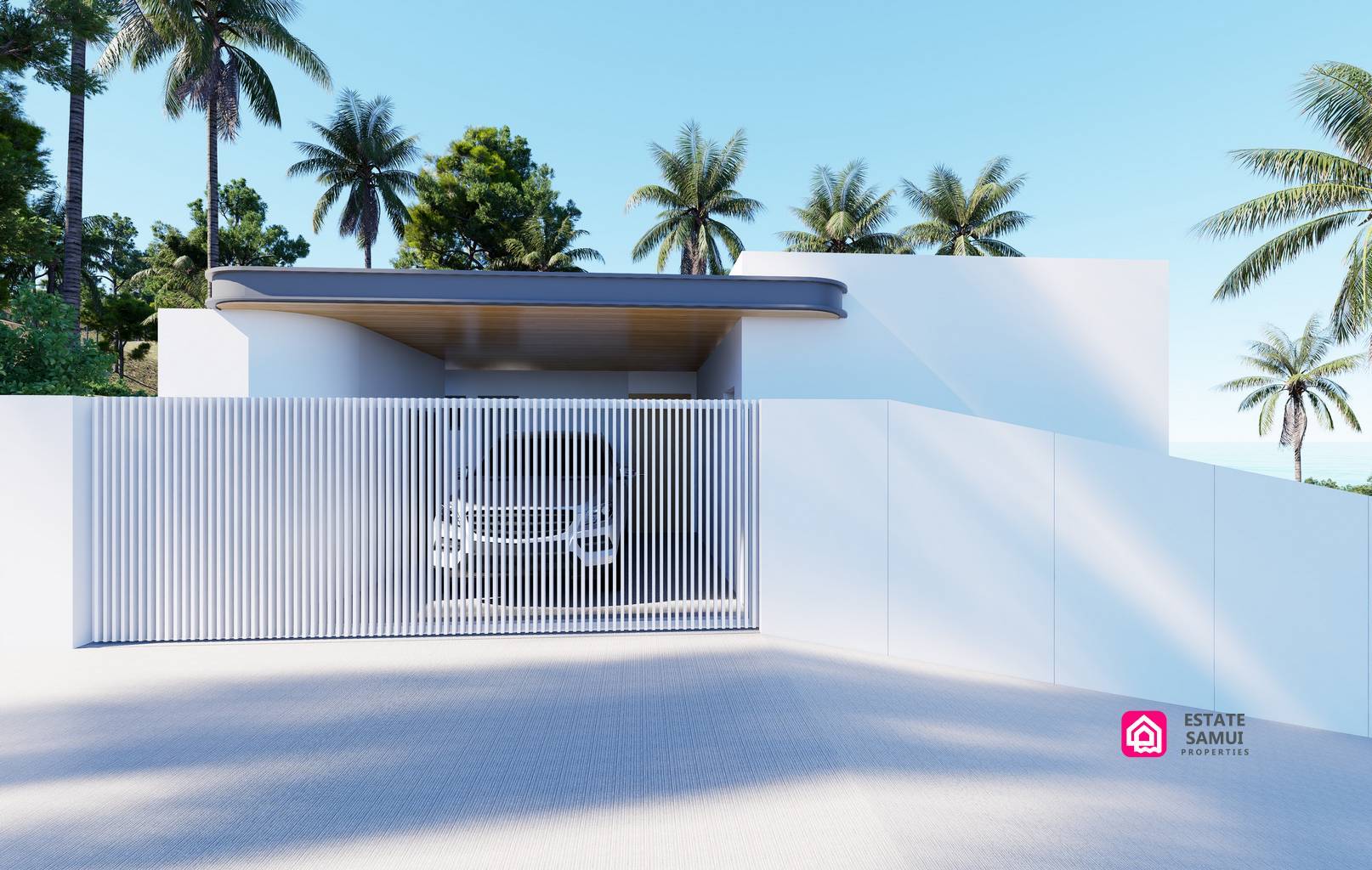 Villa entrance with a slatted gate and covered parking area.