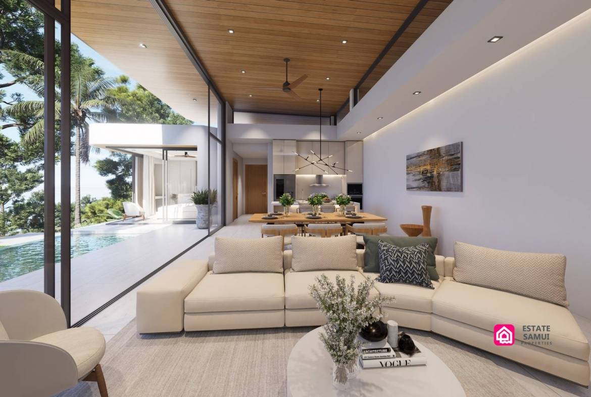 1. Open-plan living and dining room facing the private pool.