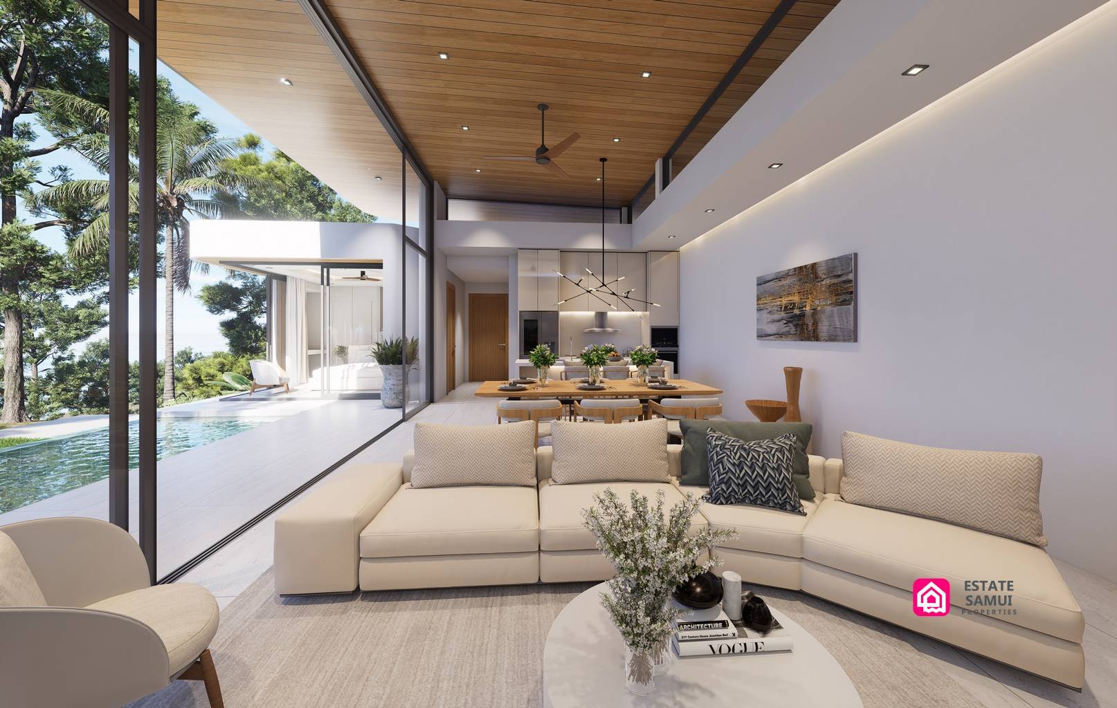 1. Open-plan living and dining room facing the private pool.