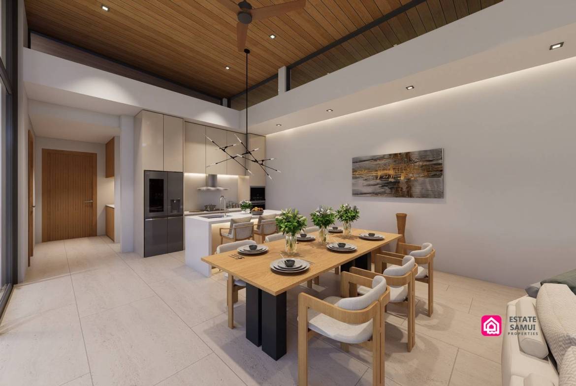 Open kitchen and dining area beneath a timber-toned ceiling.