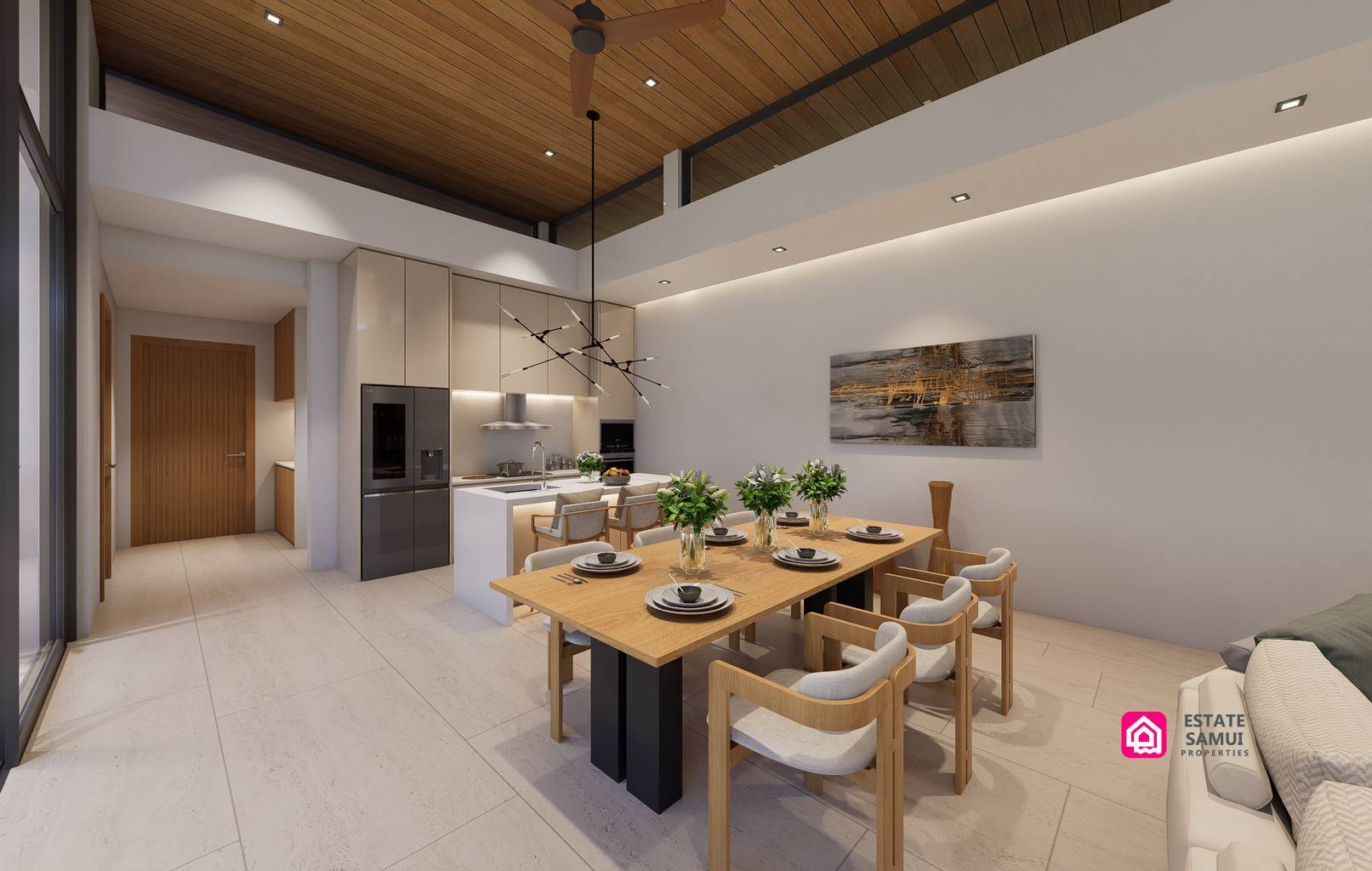 Open kitchen and dining area beneath a timber-toned ceiling.