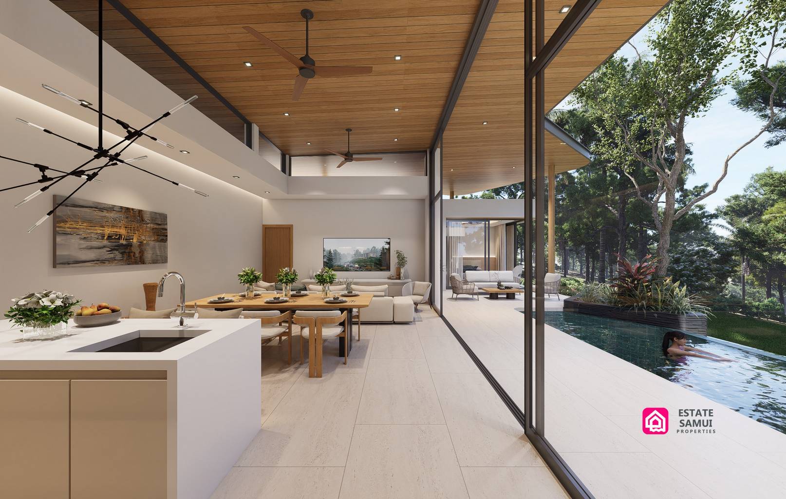 Kitchen island and dining space overlooking the pool through full-height glazing.