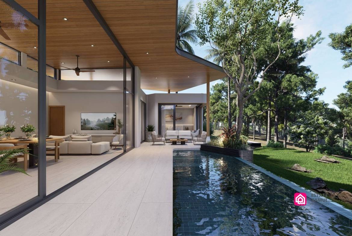 Private pool beside a covered terrace and glazed living area.