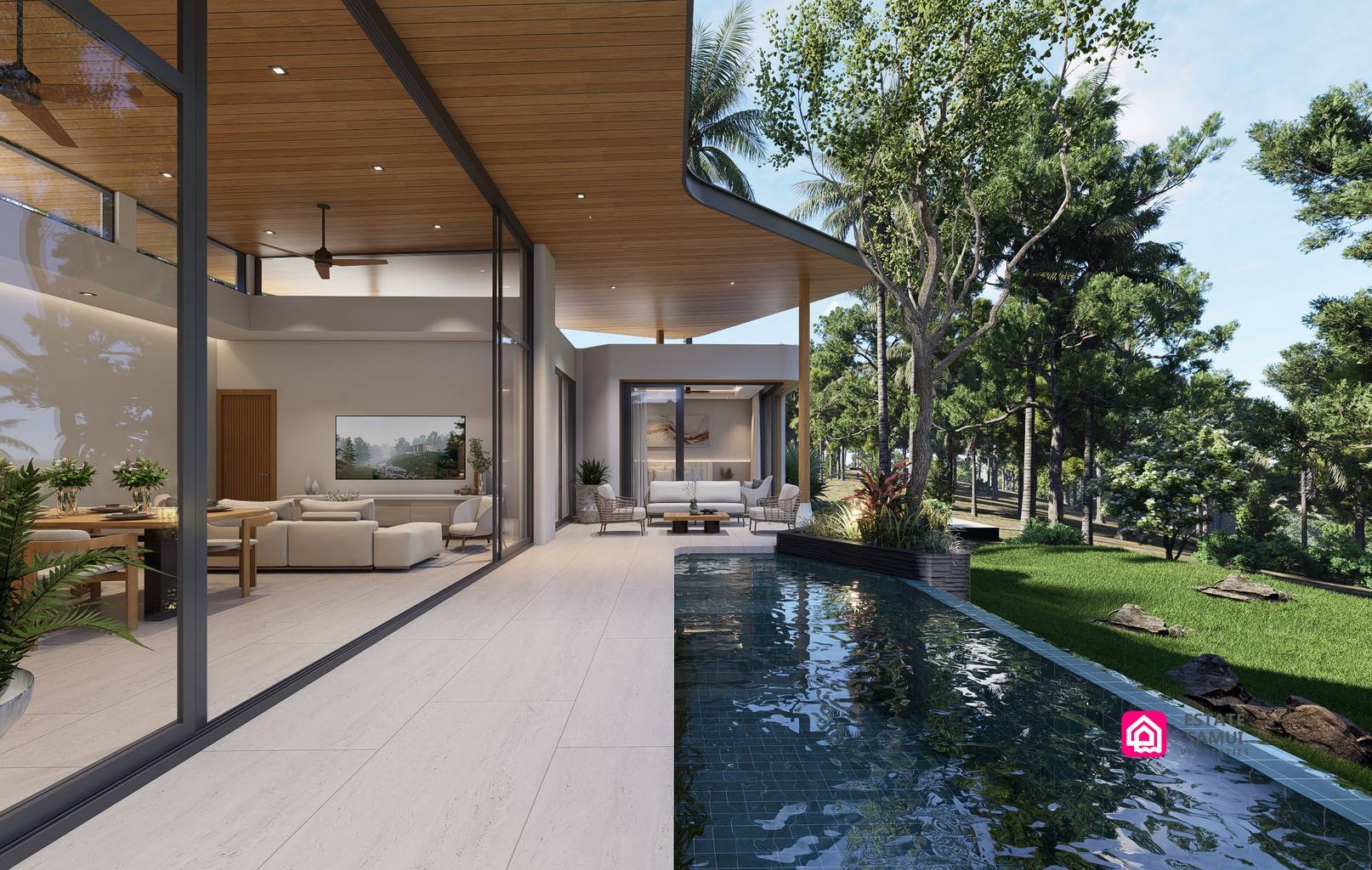 Private pool beside a covered terrace and glazed living area.