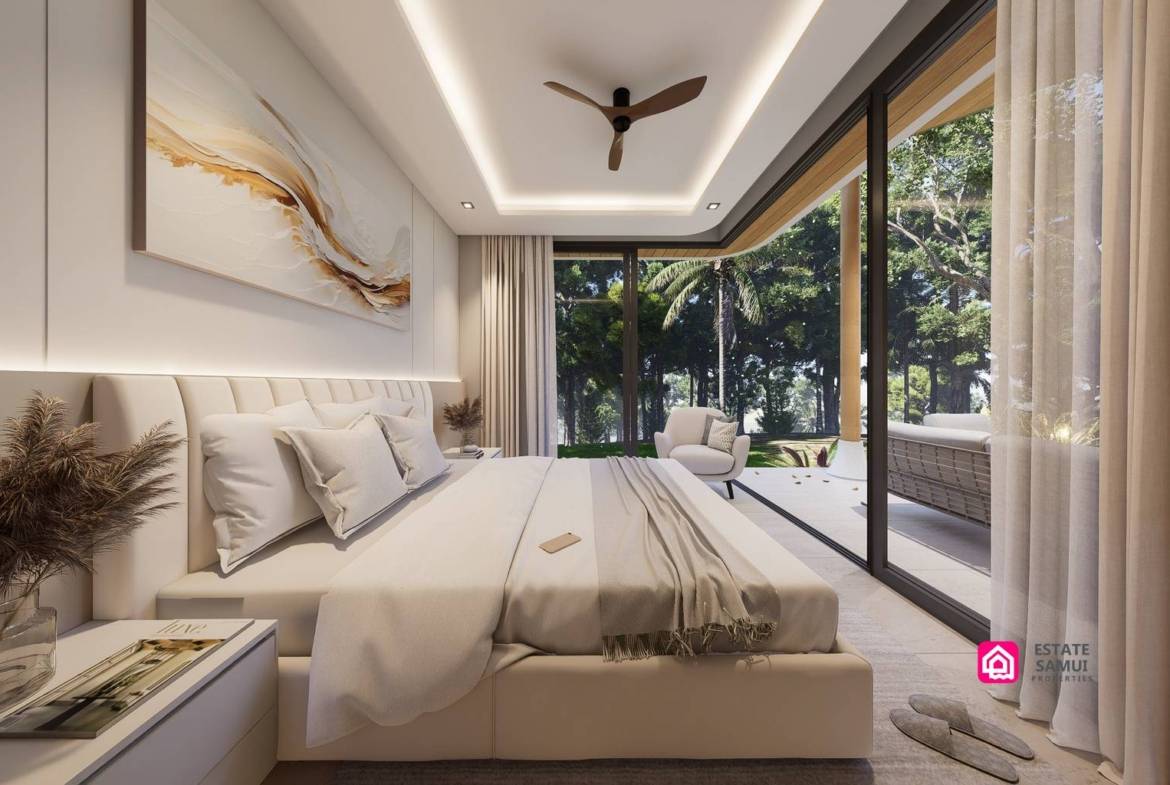 Contemporary bedroom with large windows, neutral bedding and a ceiling fan.