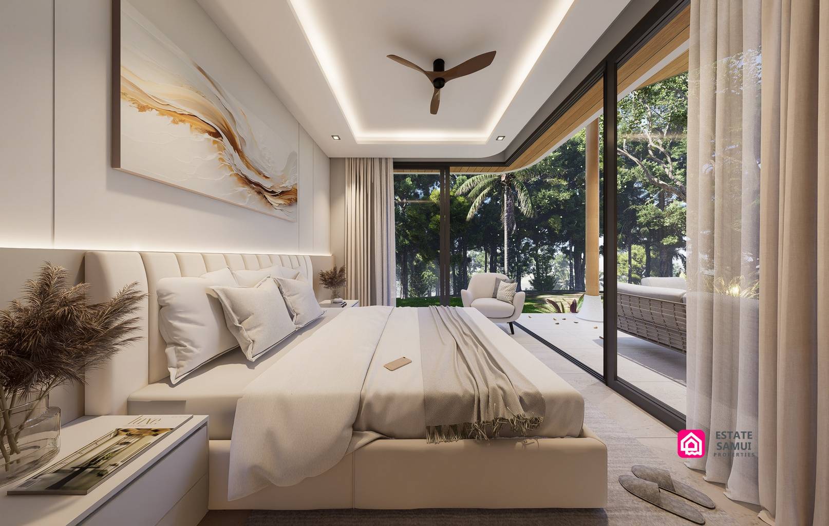 Contemporary bedroom with large windows, neutral bedding and a ceiling fan.