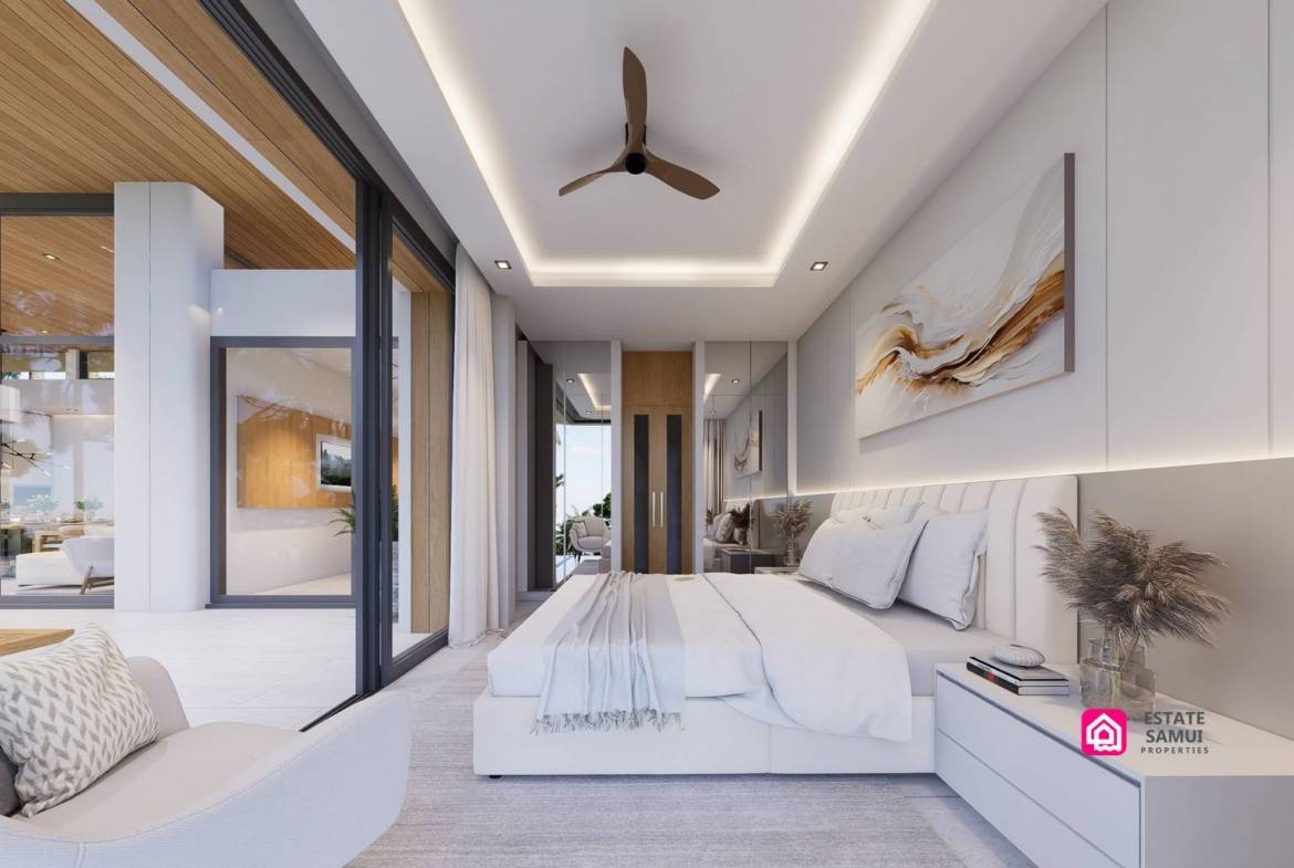 Bedroom with glazed terrace doors and recessed ceiling lighting.