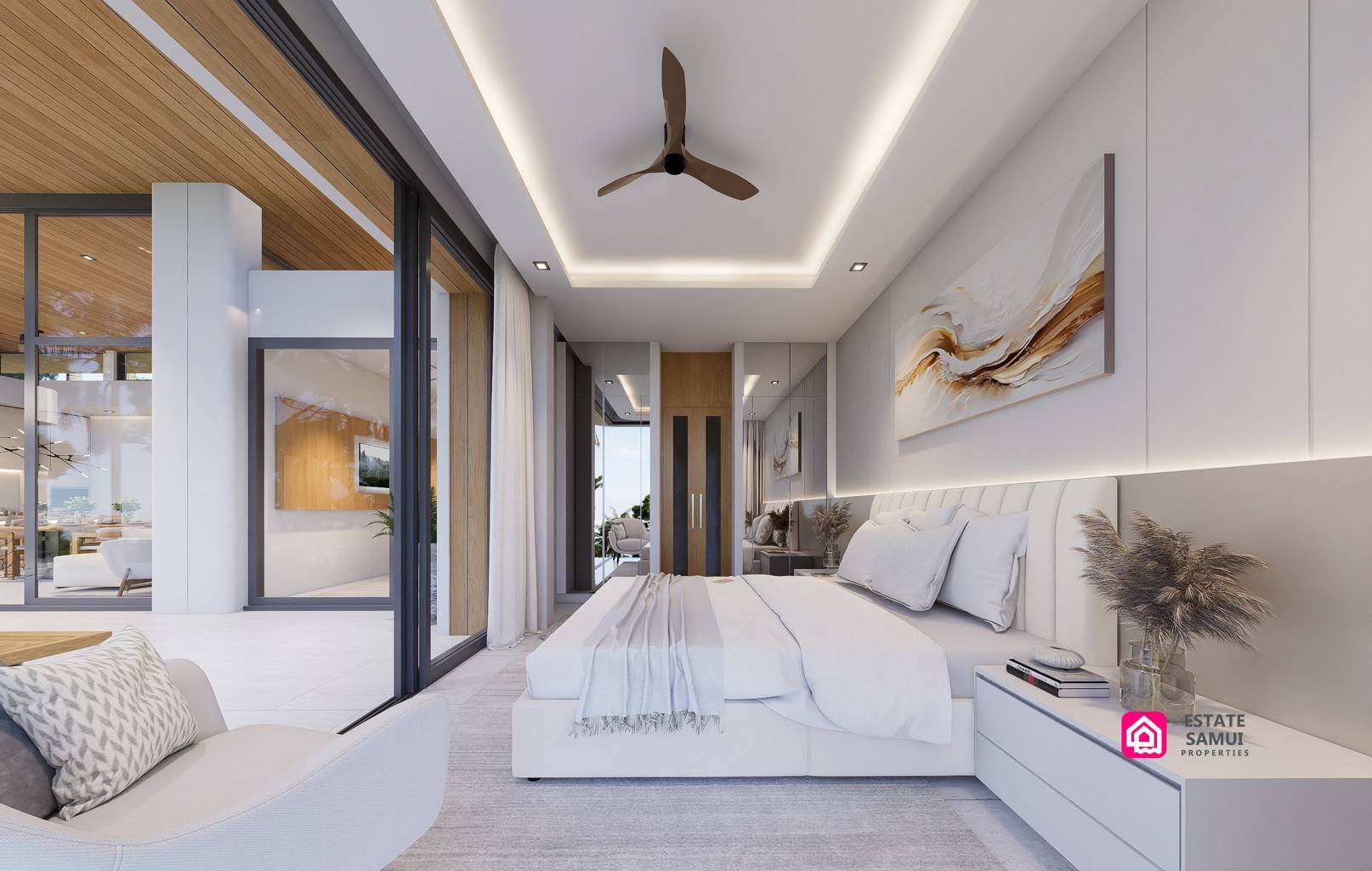 Bedroom with glazed terrace doors and recessed ceiling lighting.