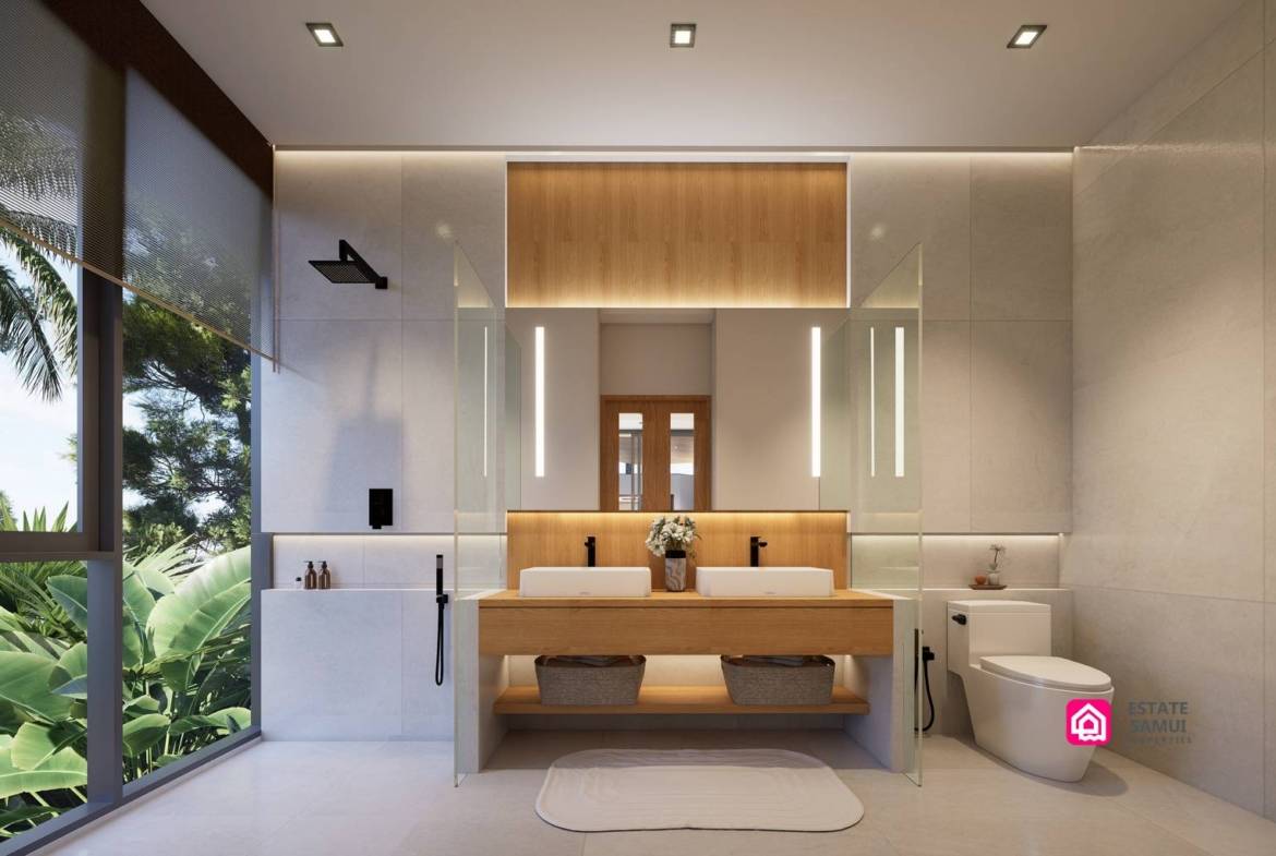 Bathroom with glass shower enclosure, timber vanity and illuminated mirror.