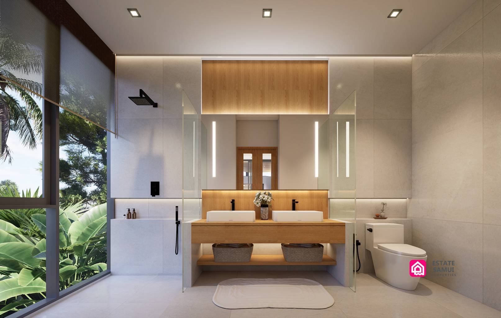 Bathroom with glass shower enclosure, timber vanity and illuminated mirror.