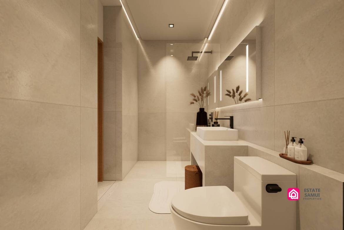 Tiled bathroom with walk-in shower, rectangular basin and toilet.