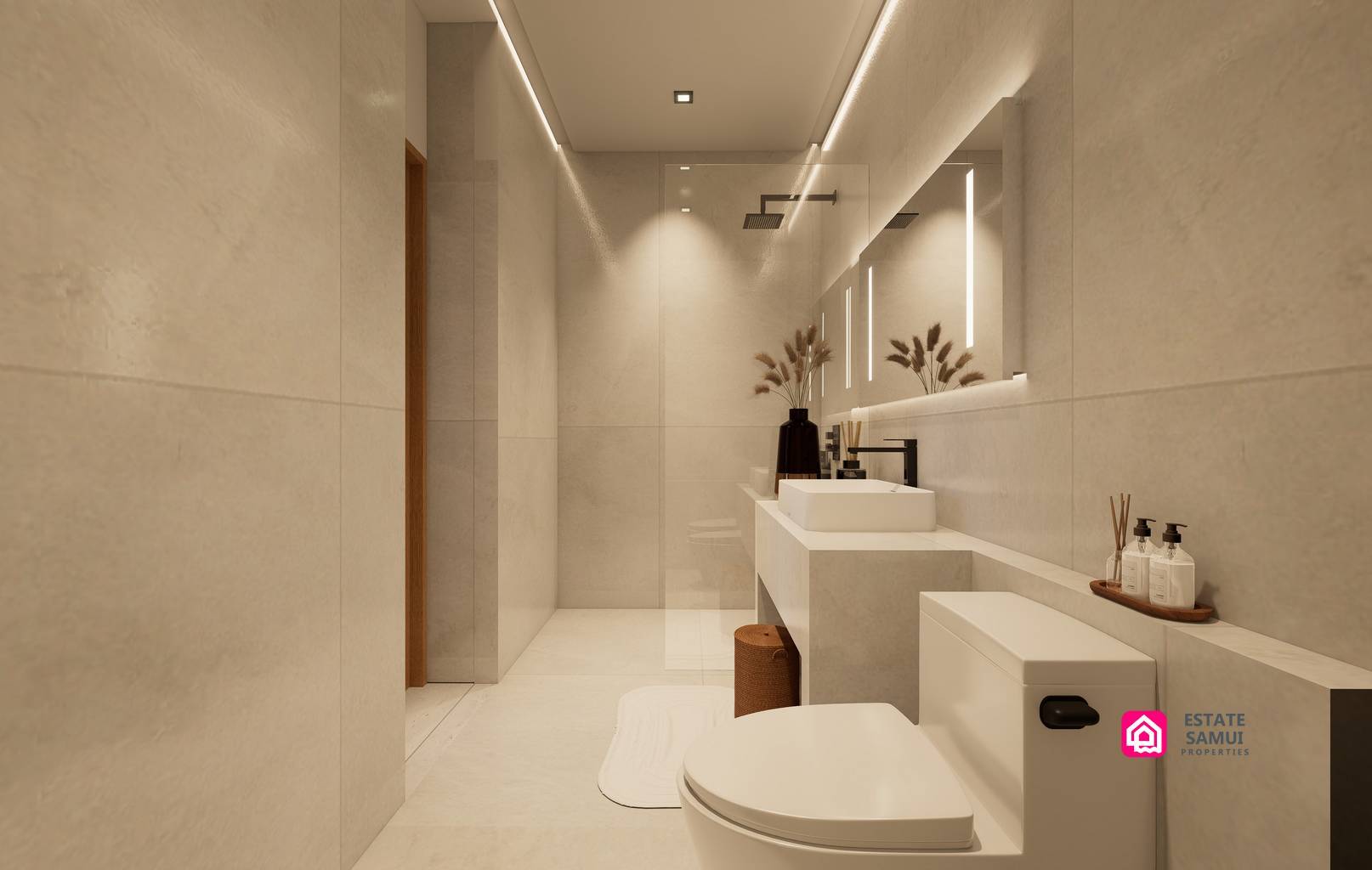 Tiled bathroom with walk-in shower, rectangular basin and toilet.