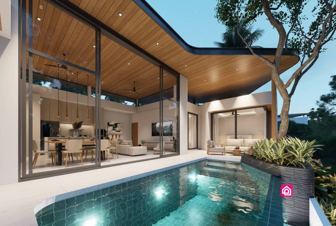 Evening rendering of an illuminated pool beside open-plan living spaces.