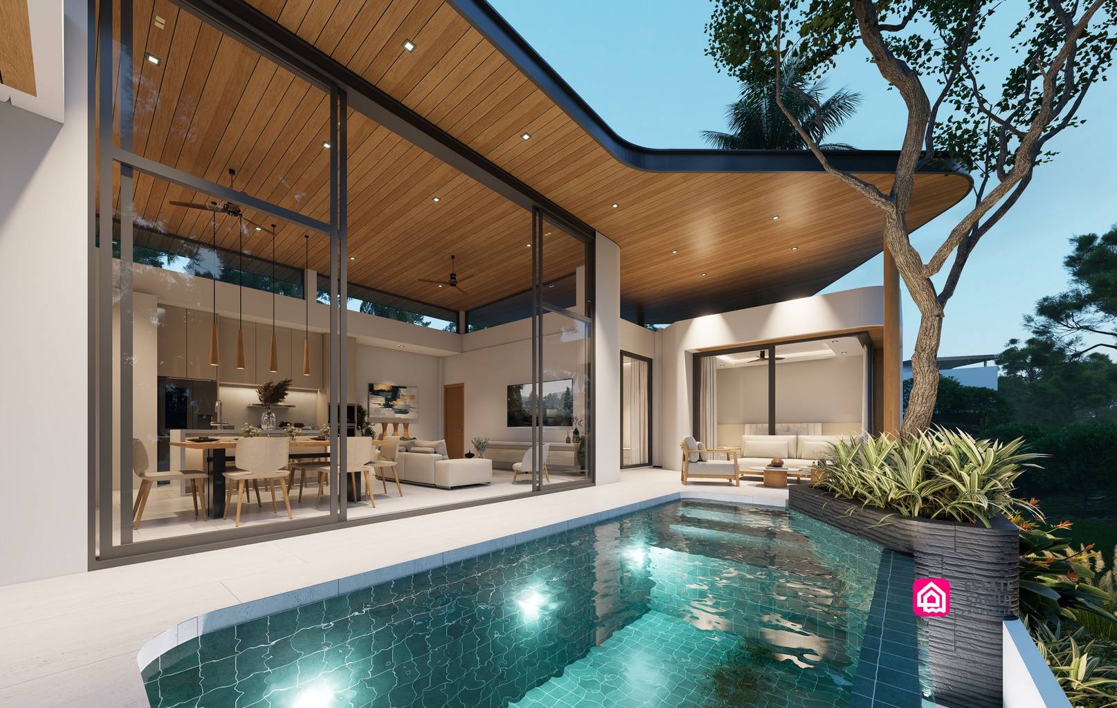 Evening rendering of an illuminated pool beside open-plan living spaces.
