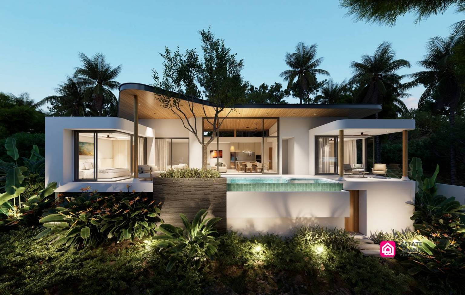 Spacious Plai Laem villas with curved roofs, glazed façades and private pools.