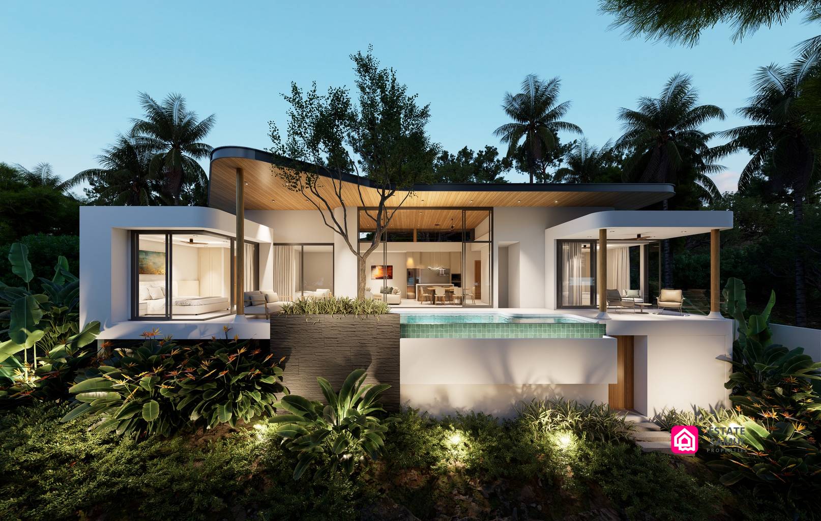 Spacious Plai Laem villas with curved roofs, glazed façades and private pools.