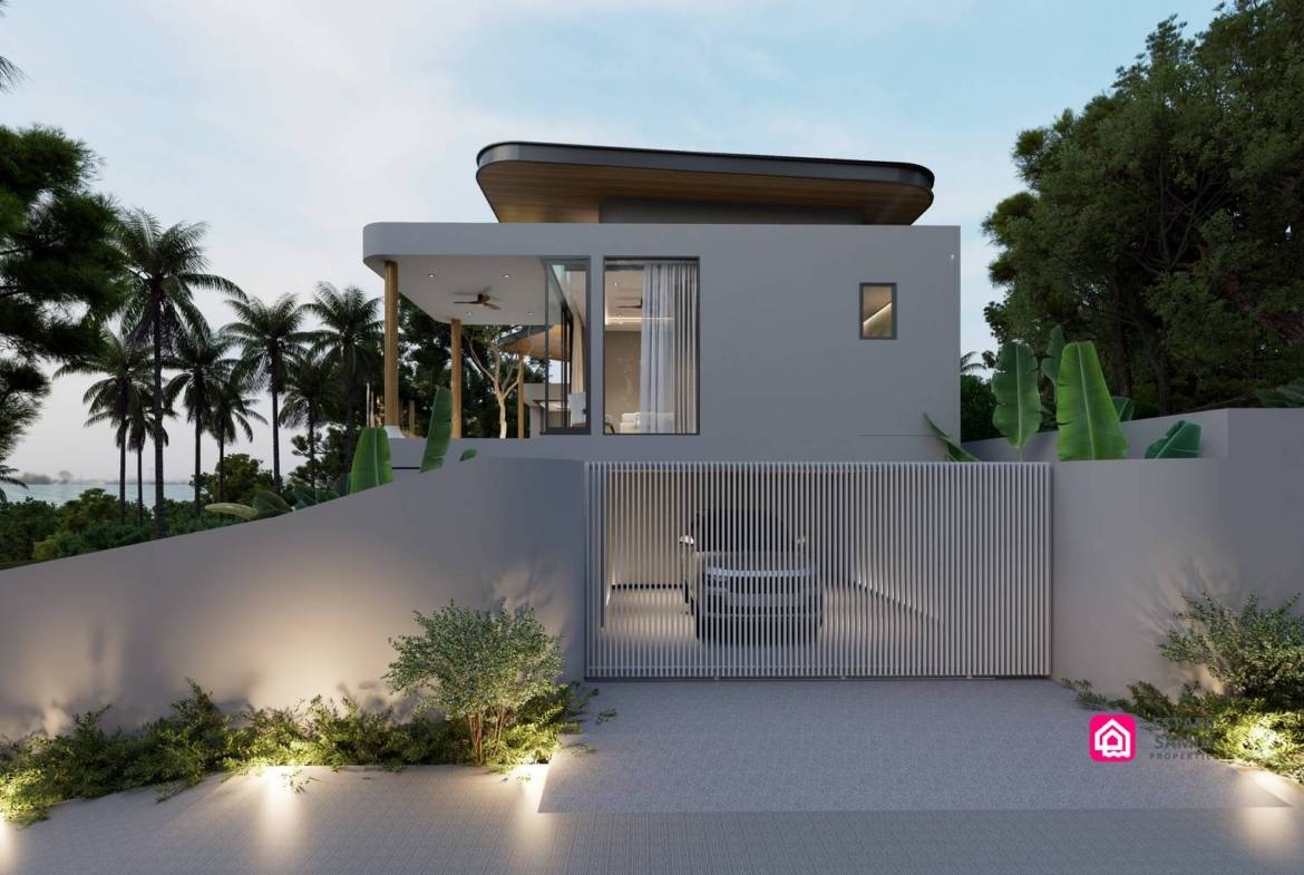 1. Villa entrance with steps, covered parking and landscaped driveway.