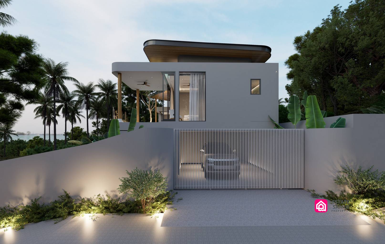 1. Villa entrance with steps, covered parking and landscaped driveway.