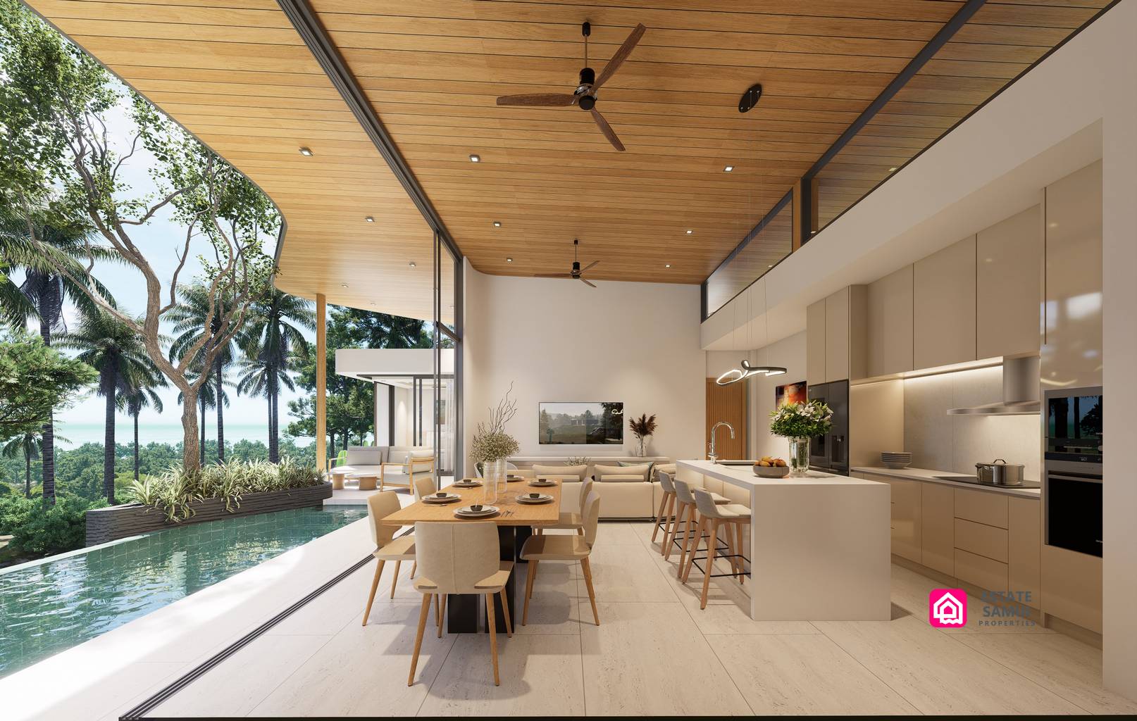 Open kitchen and dining area beside the pool beneath a timber-toned ceiling.