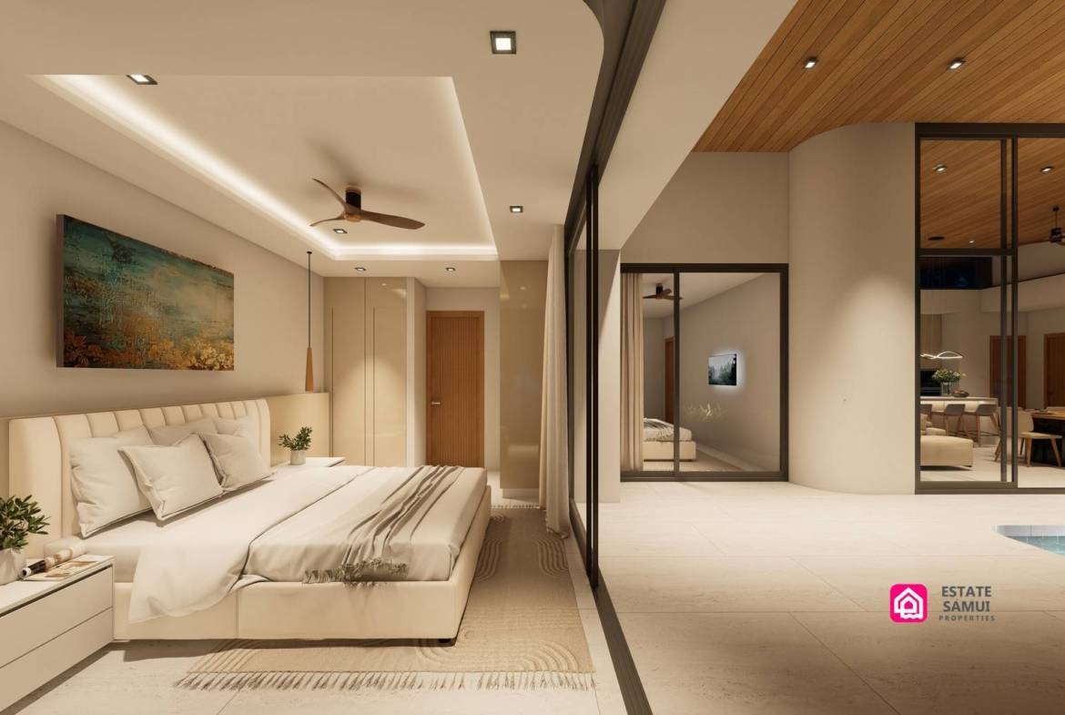 Contemporary bedroom with full-height glazing facing the poolside terrace.