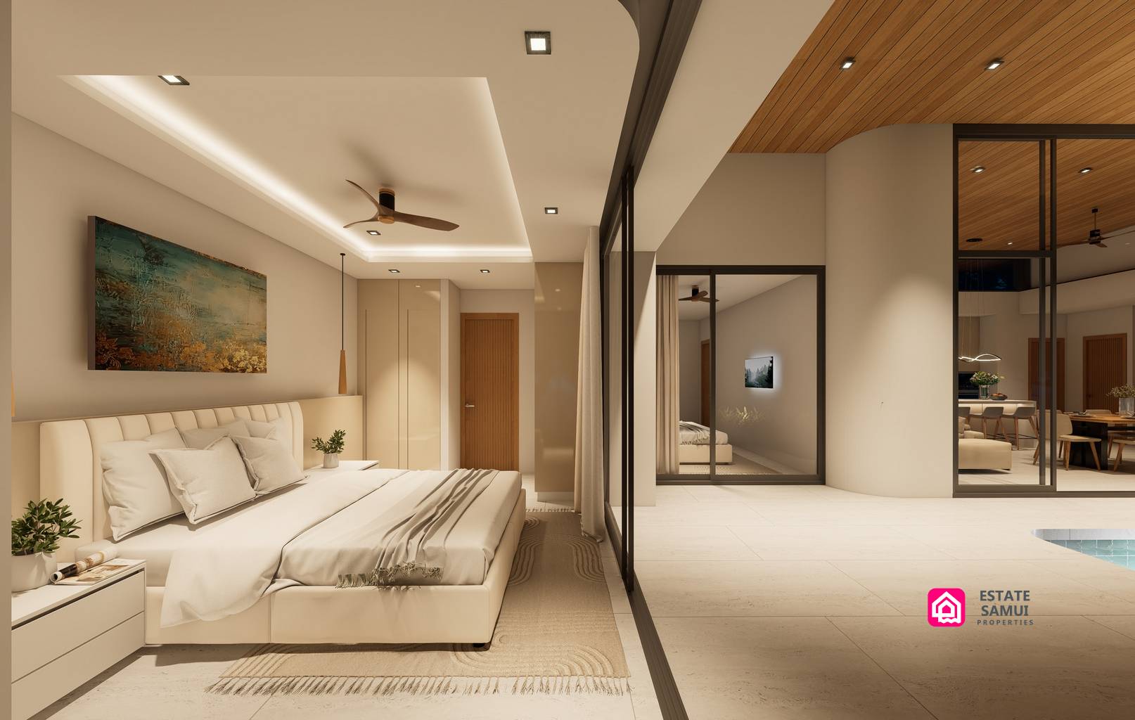 Contemporary bedroom with full-height glazing facing the poolside terrace.