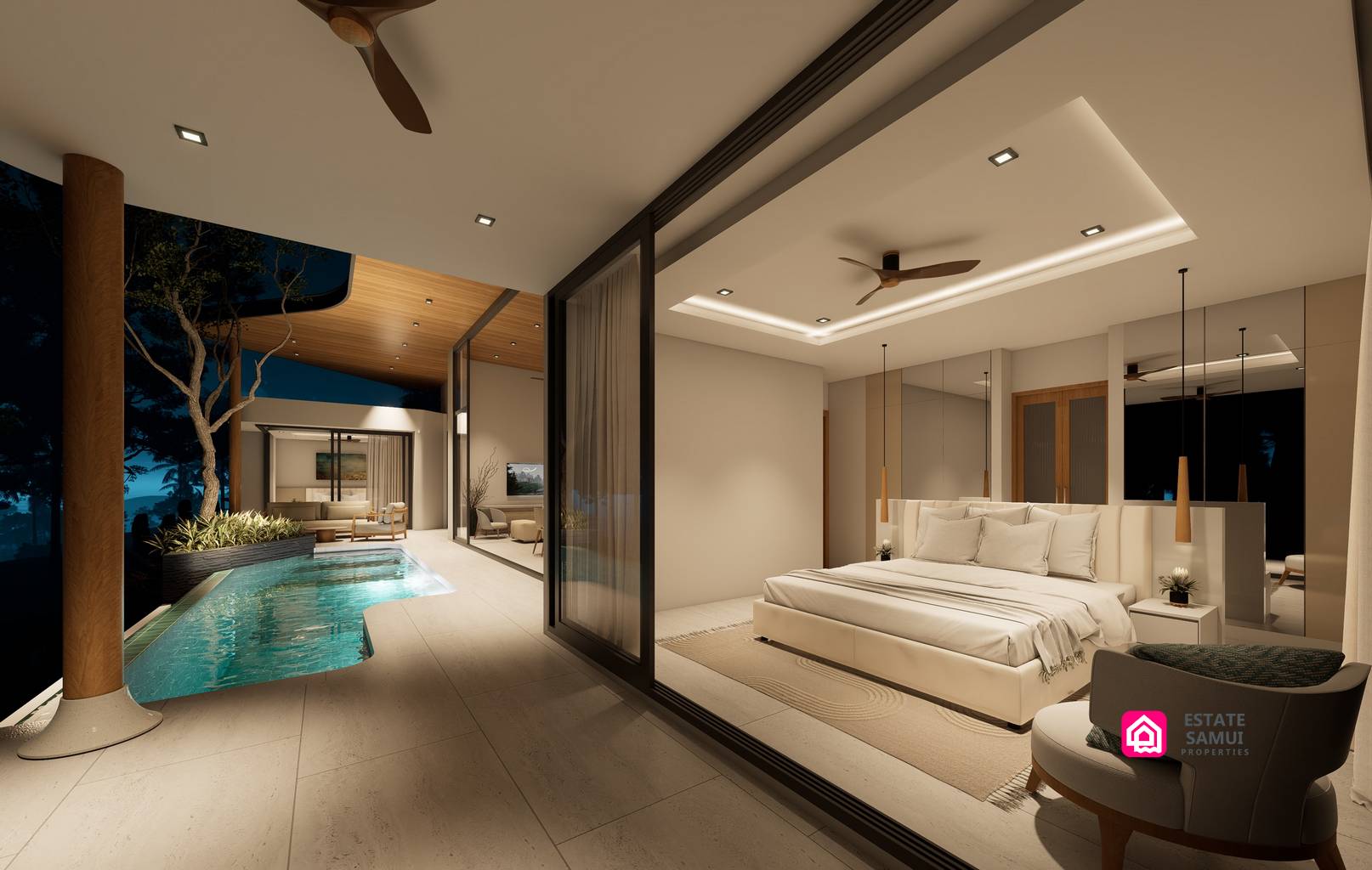 Illuminated bedroom opening onto a covered terrace beside the swimming pool.