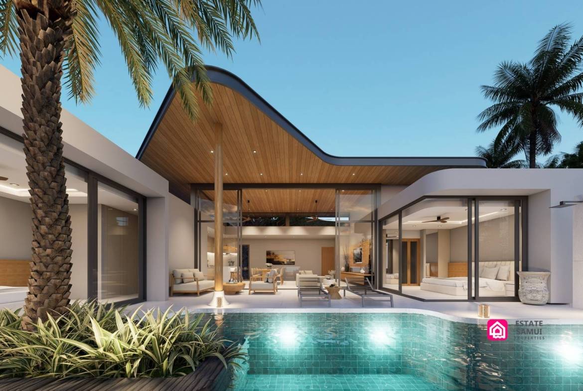 Private swimming pool framed by curved rooflines and tropical planting.