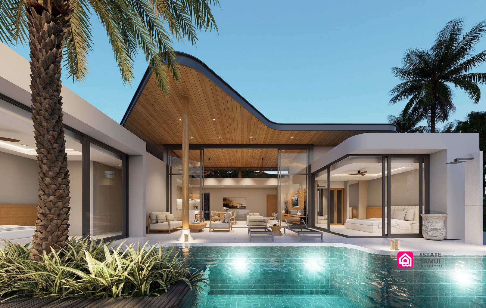 Private swimming pool framed by curved rooflines and tropical planting.