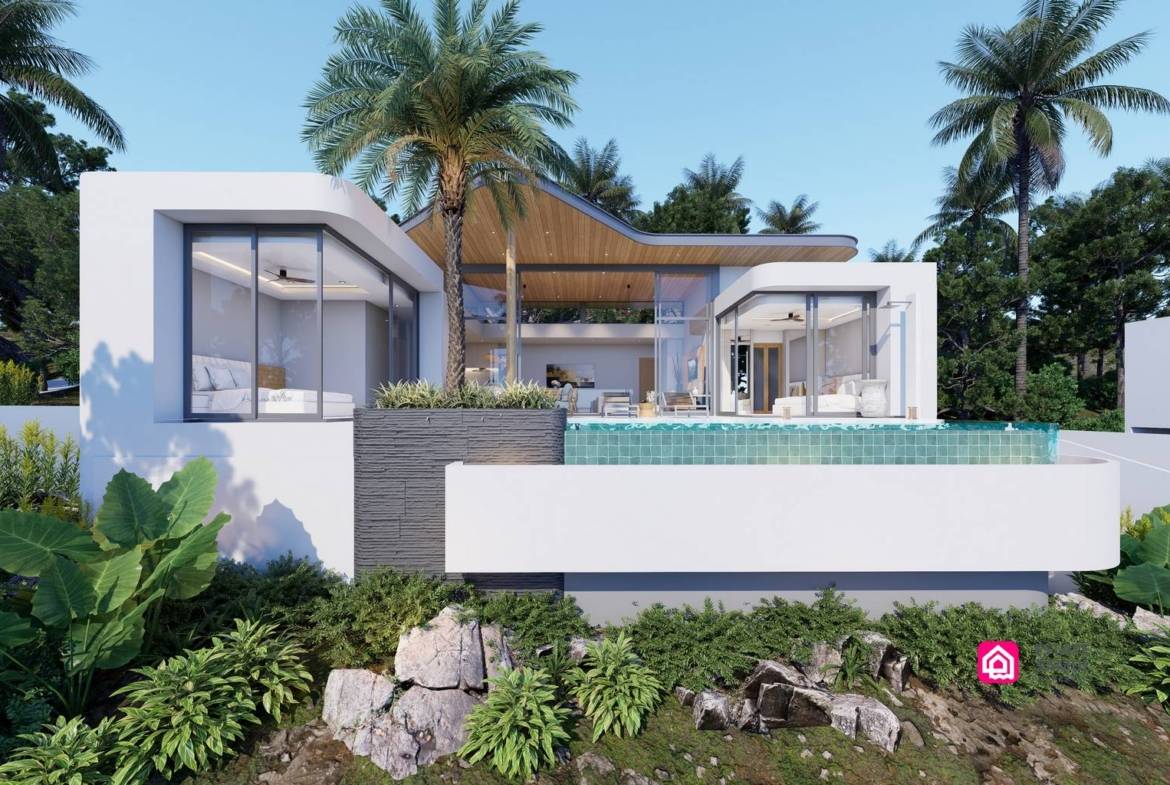 Modern villa frontage with broad glazing and an elevated swimming pool.