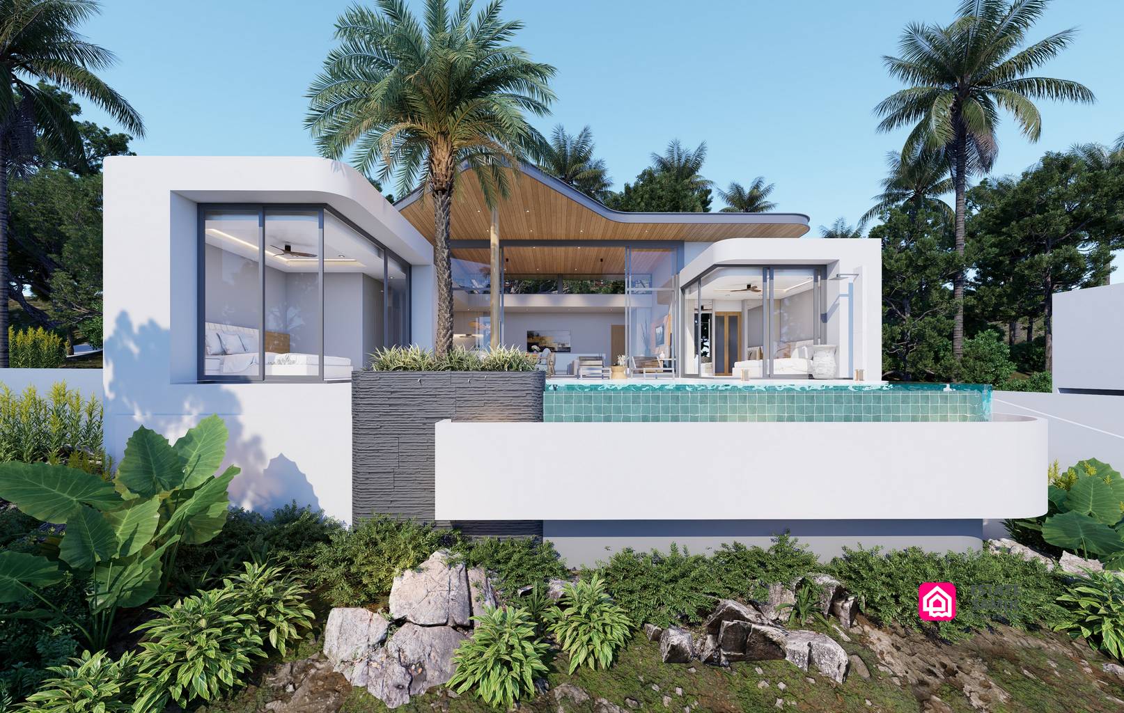 Modern villa frontage with broad glazing and an elevated swimming pool.