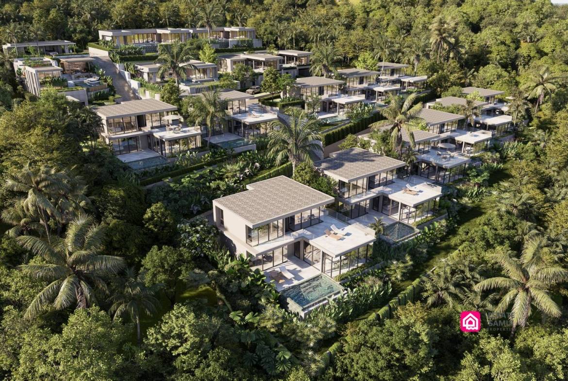 Elevated overview of THEVA Horizon Koh Samui villas surrounded by tropical greenery.