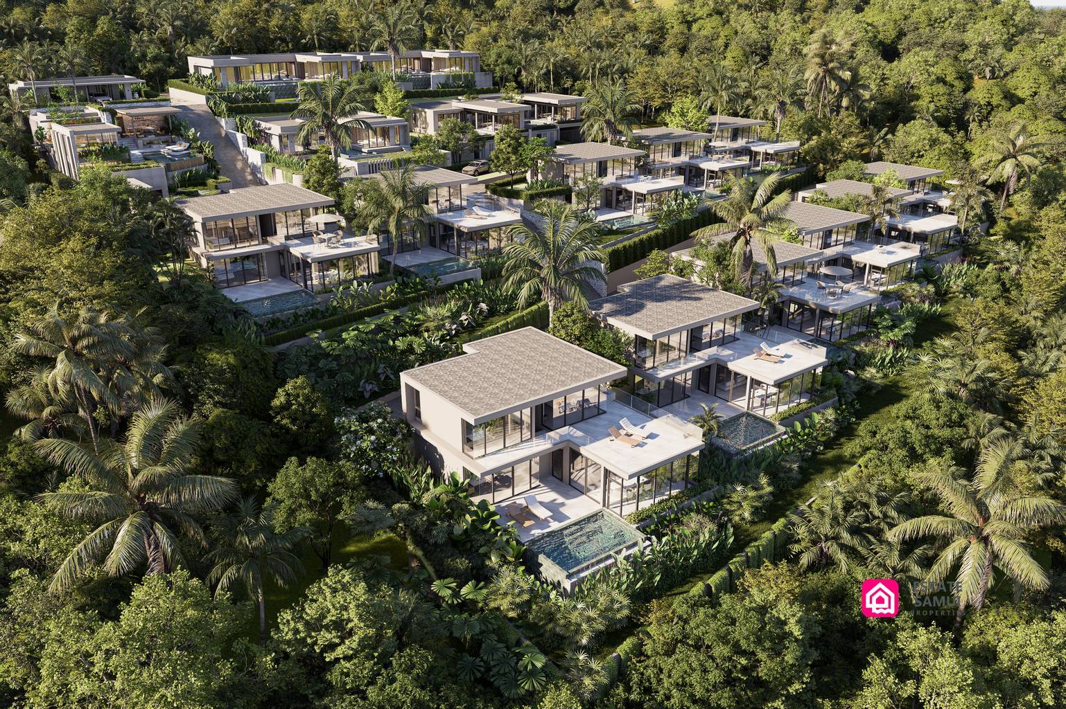 Elevated overview of THEVA Horizon Koh Samui villas surrounded by tropical greenery.