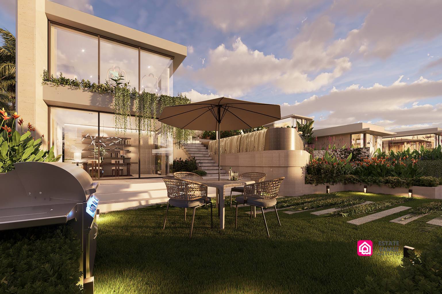 Garden dining terrace with barbecue, umbrella and outdoor seating.