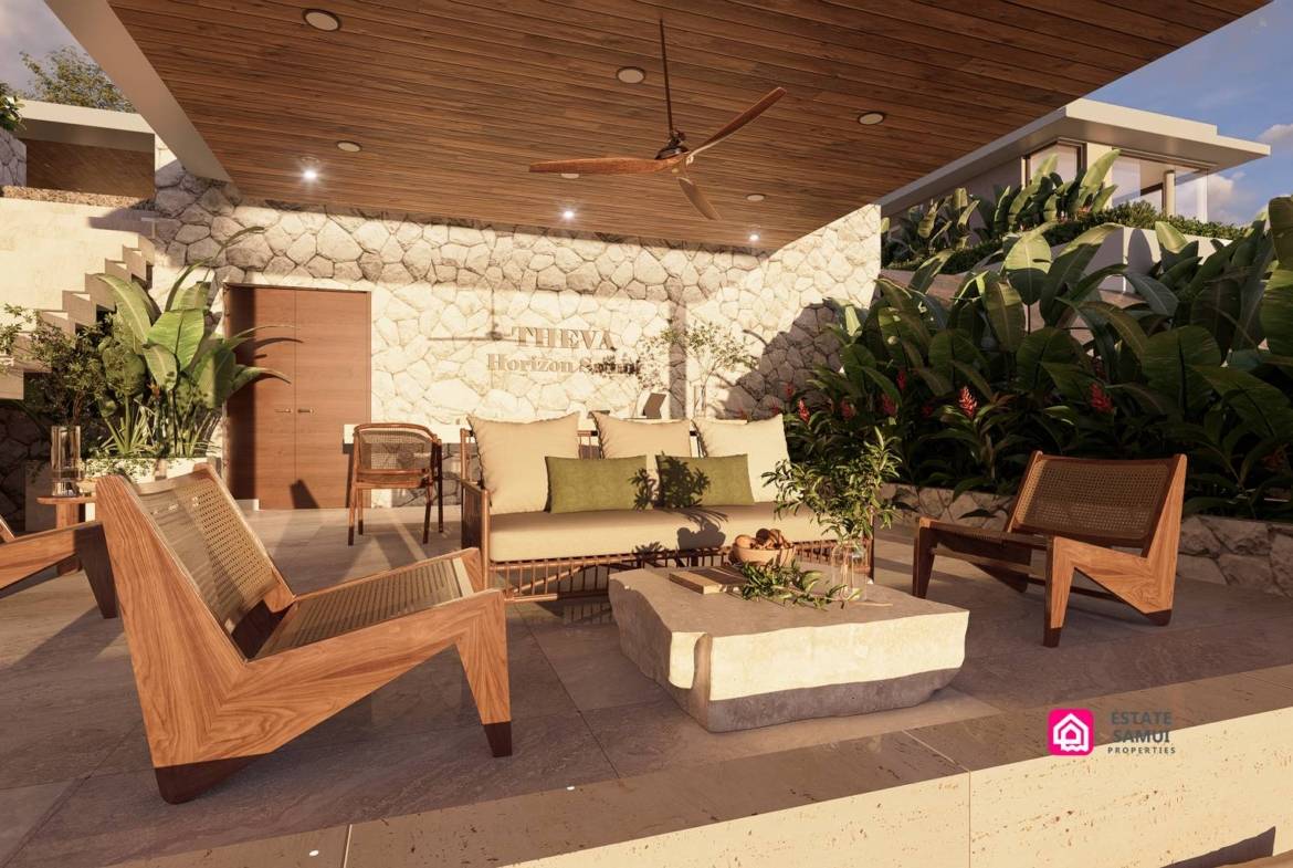 Covered outdoor lounge with timber ceiling and stone feature wall.