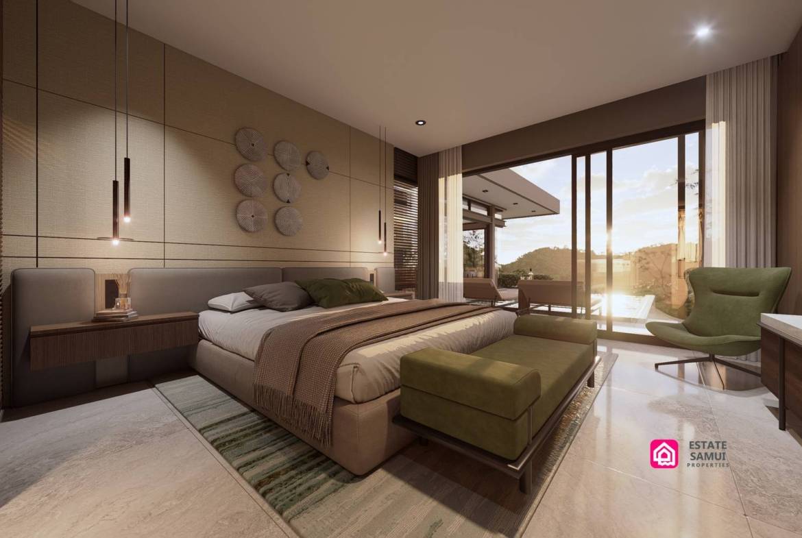 Bedroom with upholstered bed, seating and sliding glass doors.