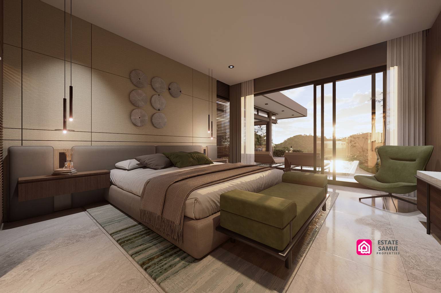 Bedroom with upholstered bed, seating and sliding glass doors.