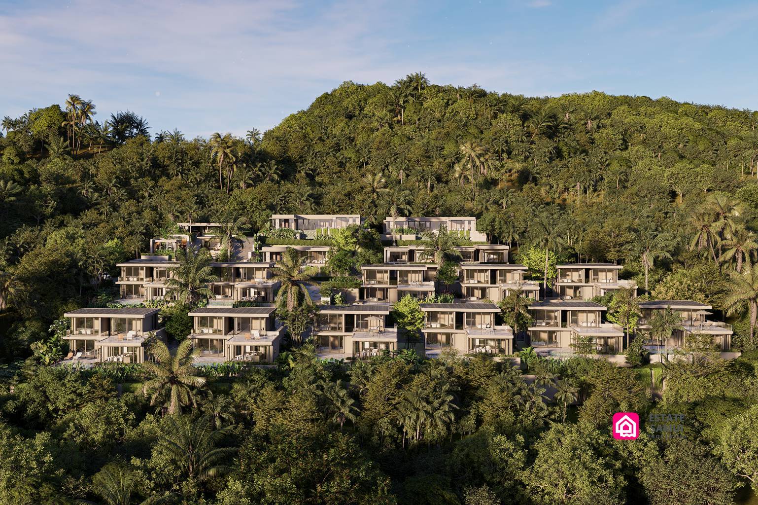 Modern villas arranged across a densely planted hillside.