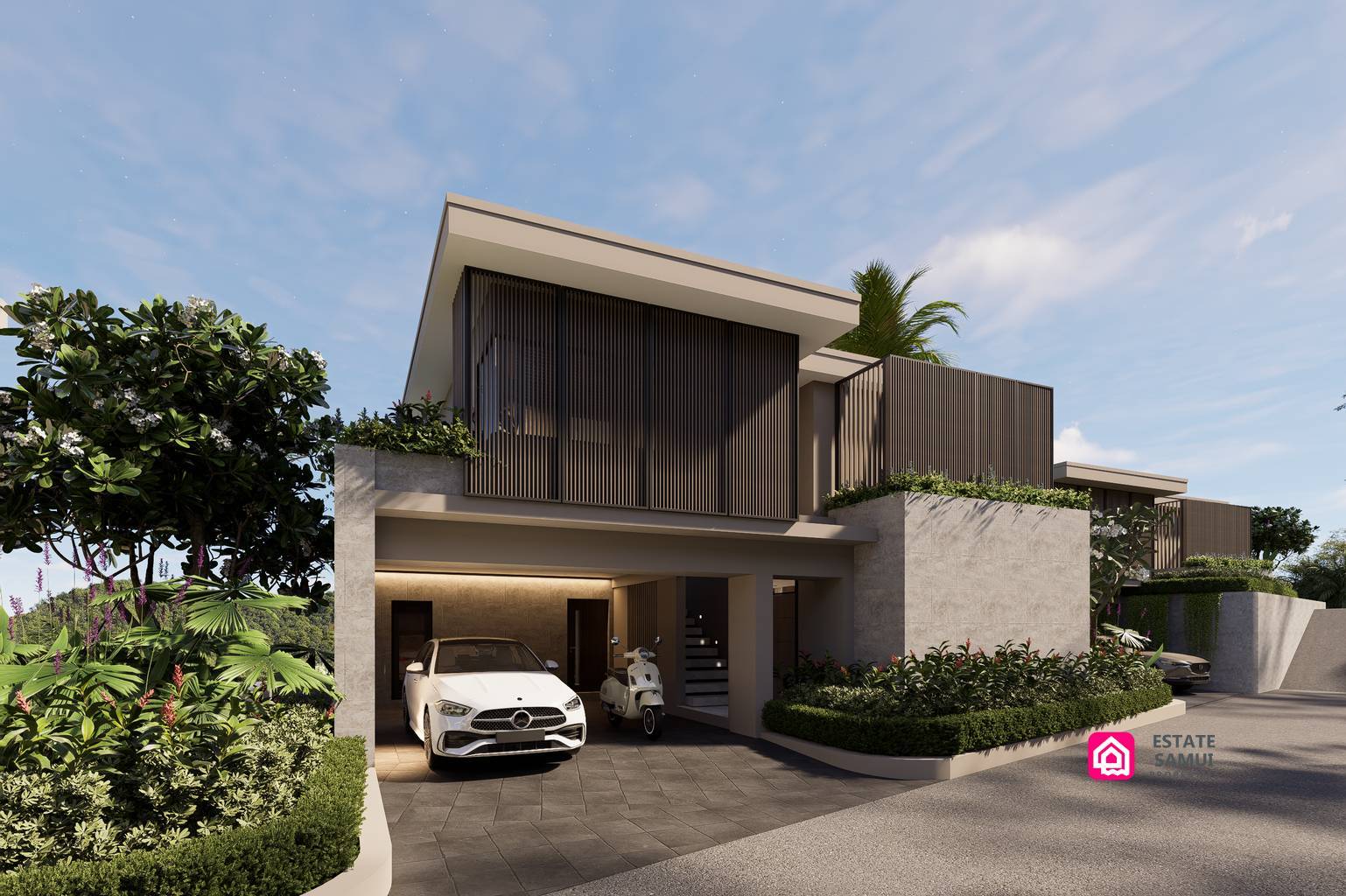 Two-storey villa entrance with covered parking and landscaped borders.