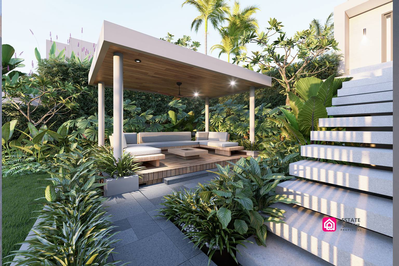 Sheltered garden sala beside an illuminated outdoor staircase.
