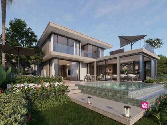 Modern pool villa with large windows and planted terrace borders.