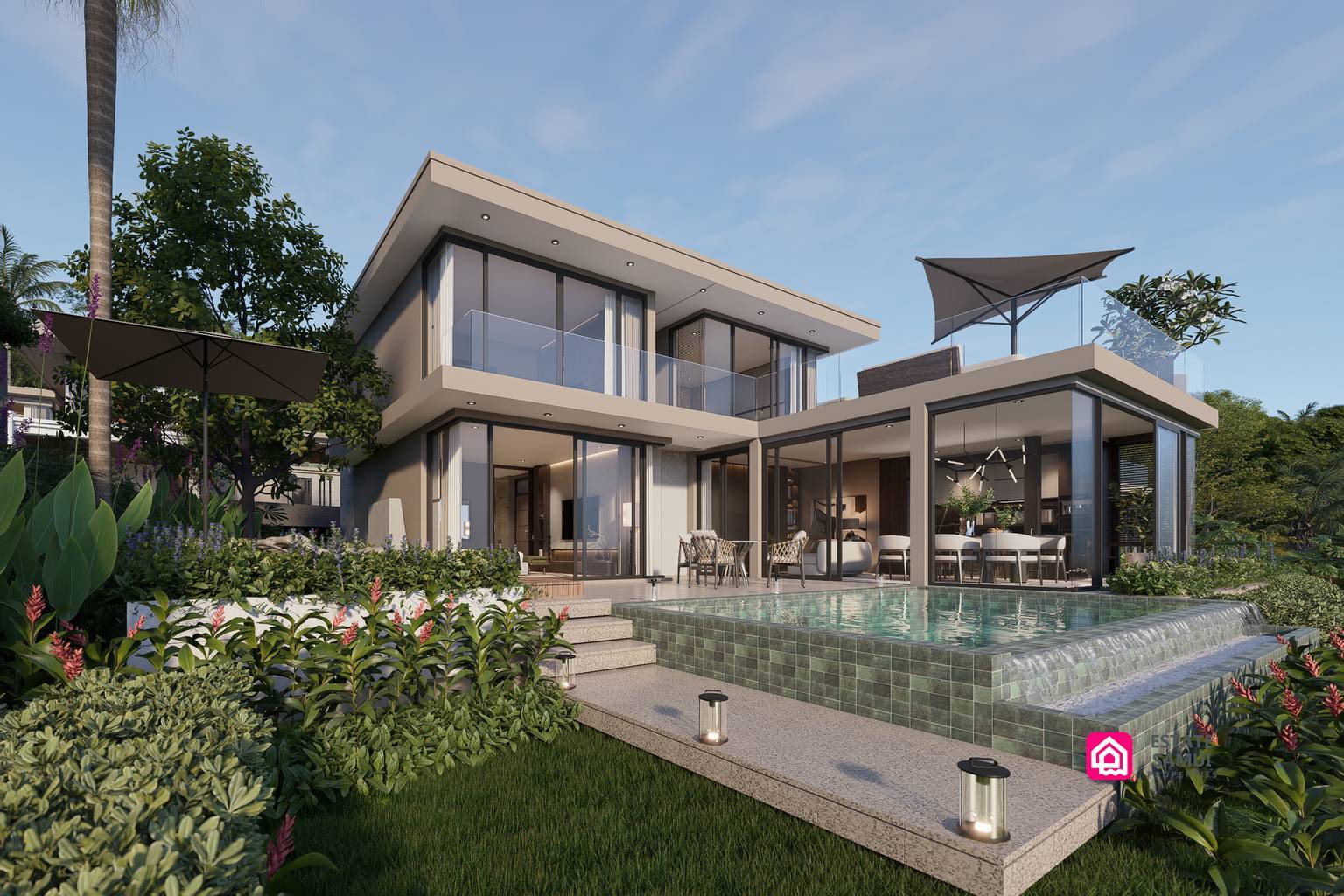 Modern pool villa with large windows and planted terrace borders.