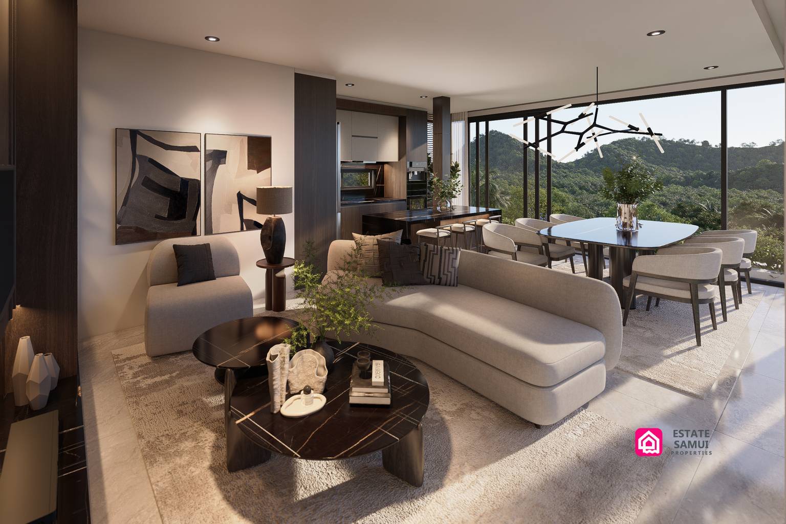 Open-plan living and dining area with large windows overlooking greenery.