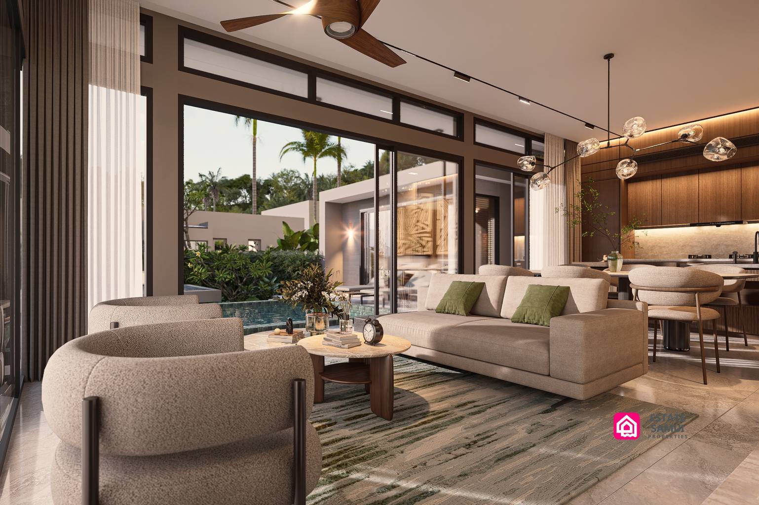 Contemporary lounge with garden-facing glazing and adjoining kitchen.
