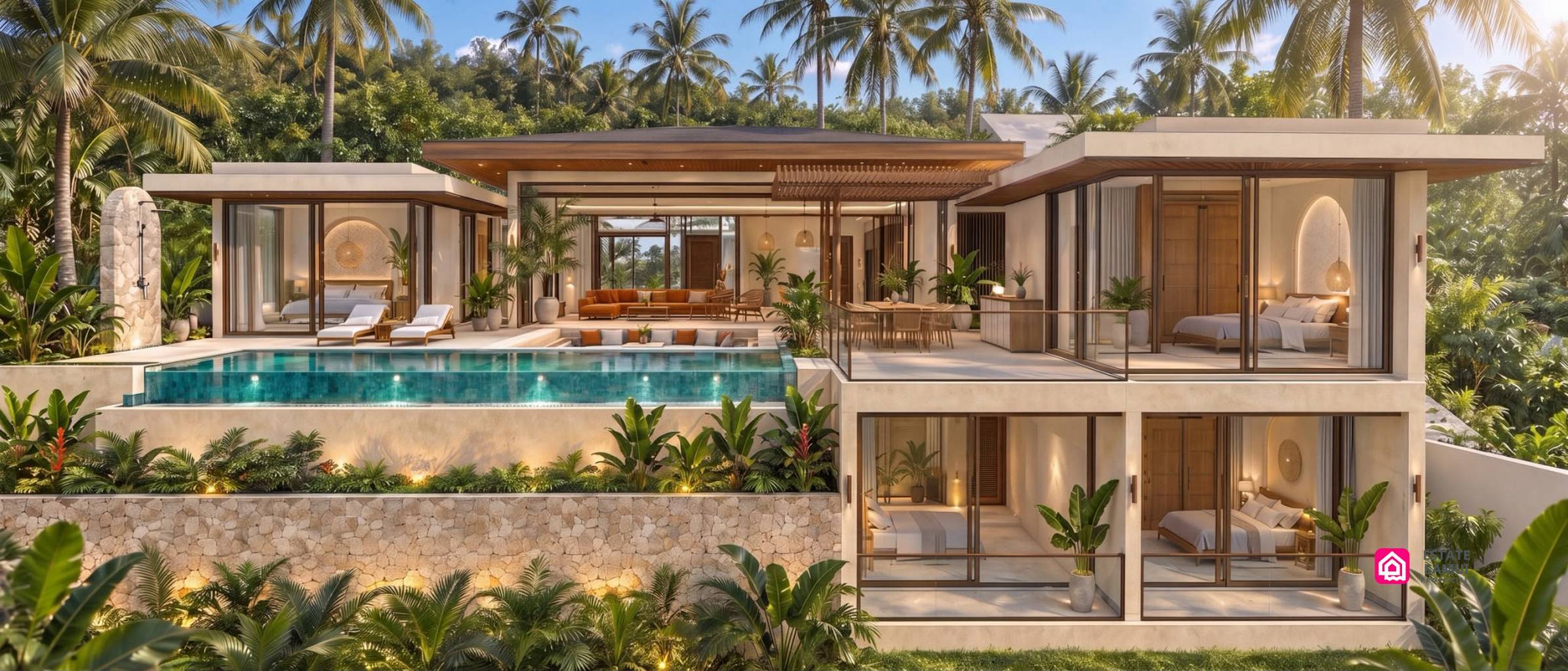 Darin Sea View Villas | 4-Bedroom Pool Villas in Maenam Darin Sea View Villas exterior with private pool and split-level hillside design