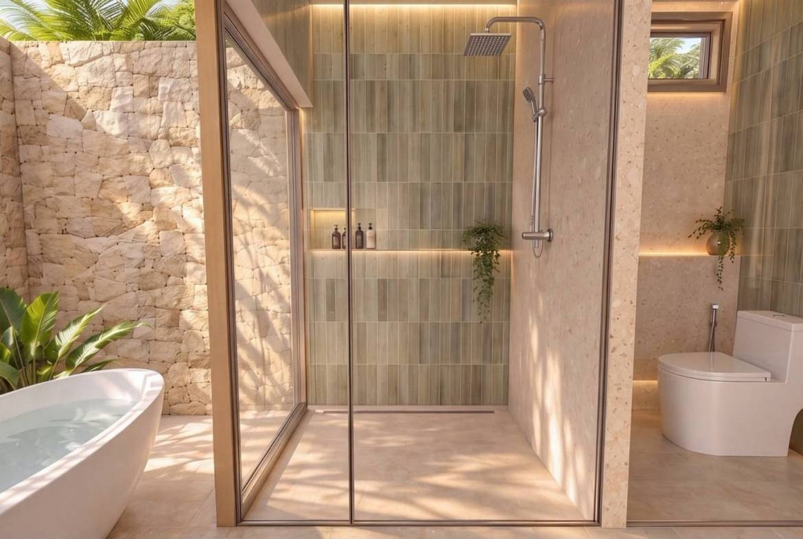 Bathroom with glass shower enclosure, freestanding bath and stone wall