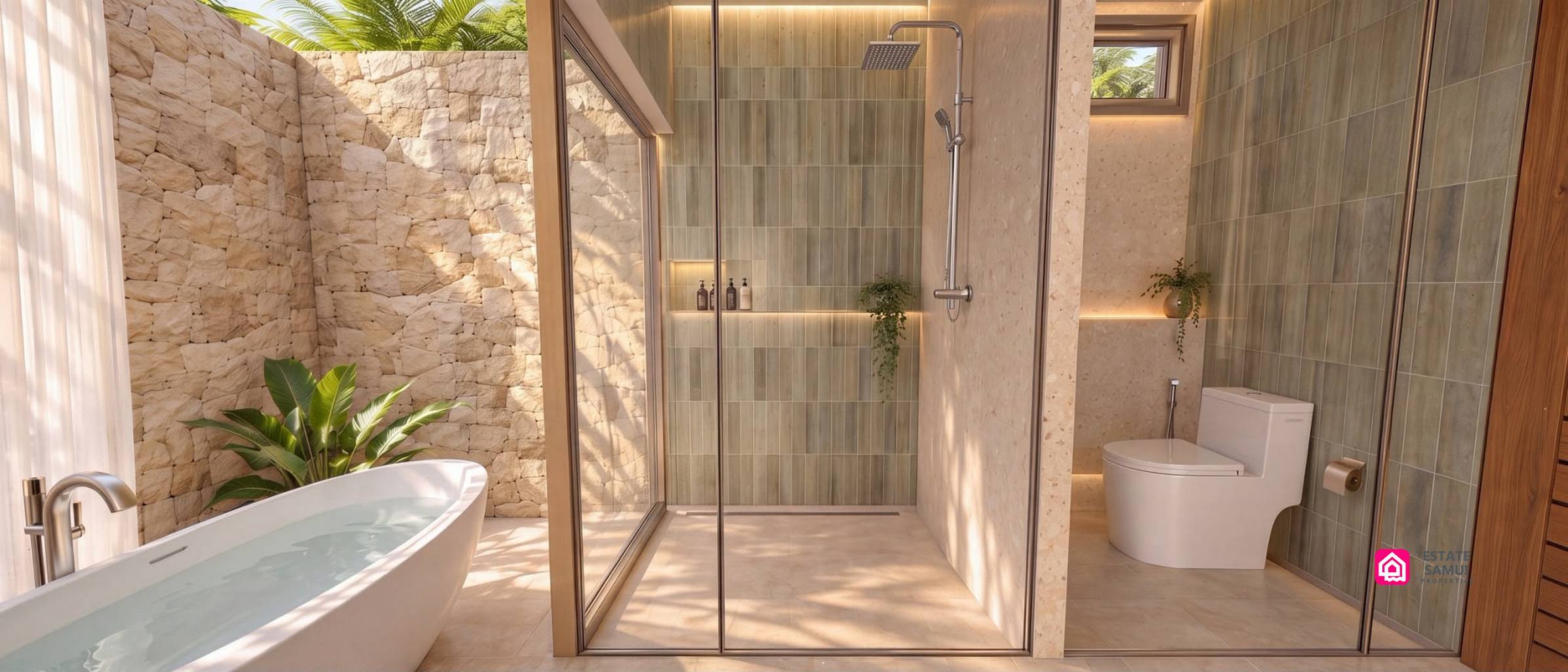 Bathroom with glass shower enclosure, freestanding bath and stone wall