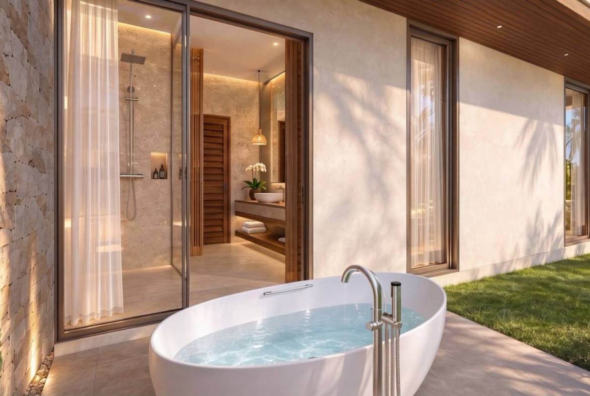 1. Outdoor freestanding bath beside a stone wall and glazed bedroom doors