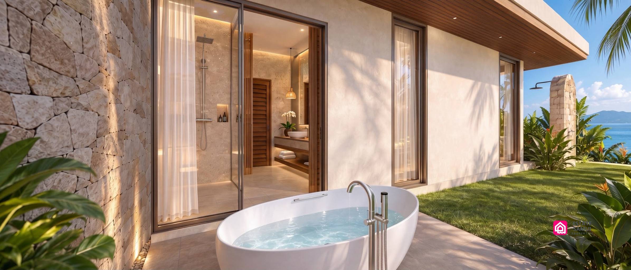 1. Outdoor freestanding bath beside a stone wall and glazed bedroom doors