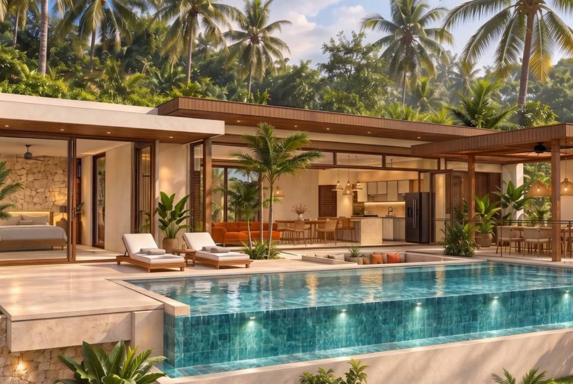 Private swimming pool bordered by terraces and glazed villa living spaces