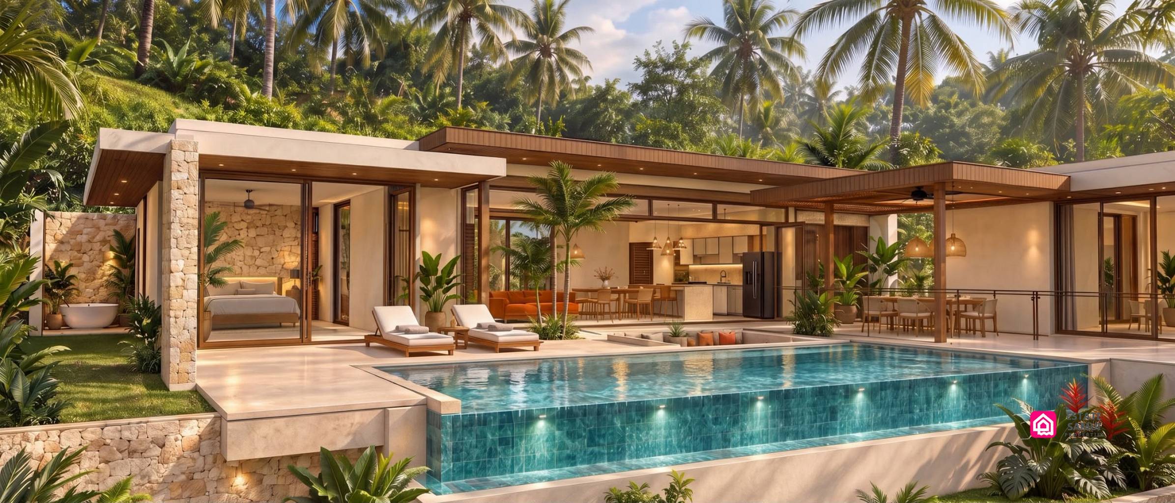 Private swimming pool bordered by terraces and glazed villa living spaces
